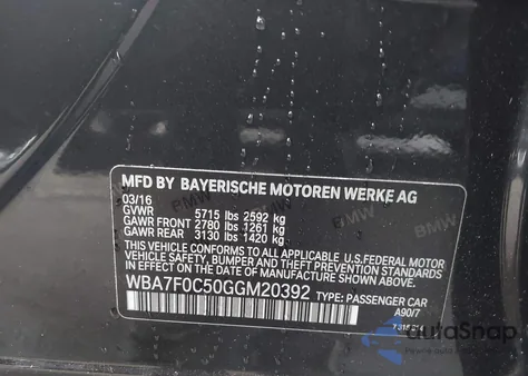 2016 BMW 750I z USA, uszkodzony, nr VIN WBA7F0C50GGM20392